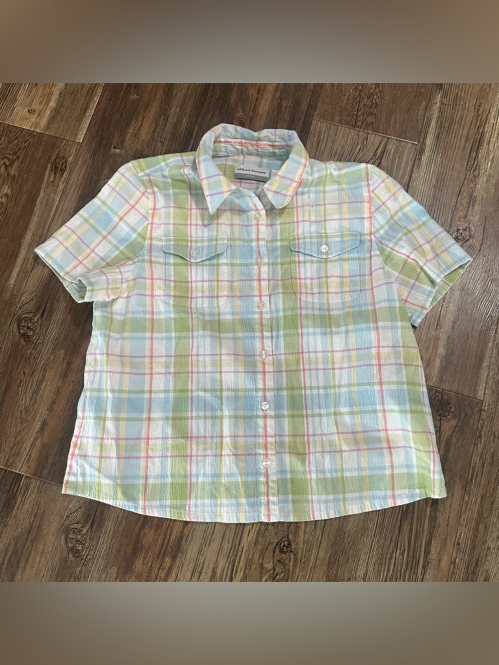 Alfred Dunner pastel plaid short sleeve button up shirt 16 P petite top